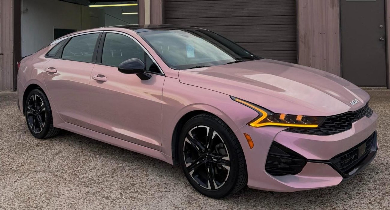 After: the Kia K5 in gloss blush pink